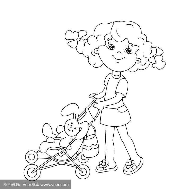 涂色页轮廓的卡通女孩玩娃娃与婴儿车