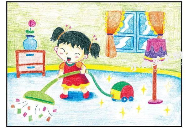 打扫房间彩色铅笔涂画步骤图示03