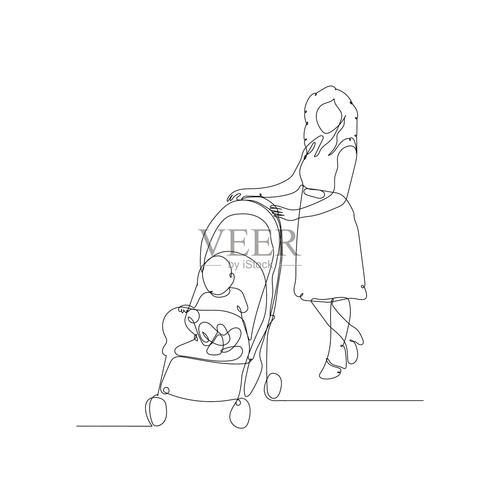 妈妈带着一个小孩坐在婴儿车里母亲和婴儿的连续线条美术画