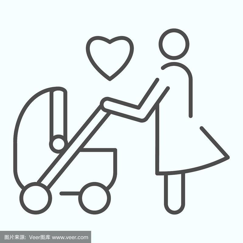 母亲与婴儿车细线图标儿童马车与妈妈矢量插图孤立在白色