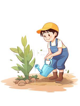 种树浇水的小男孩扁平插画