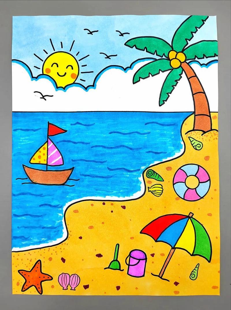 捡贝壳图文伙伴计划夏天主题画夏日海滩简笔画海滩风景画