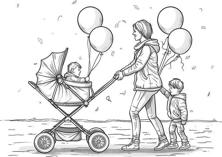 ai数字艺术黑白简笔画推婴儿车的母亲插画下载