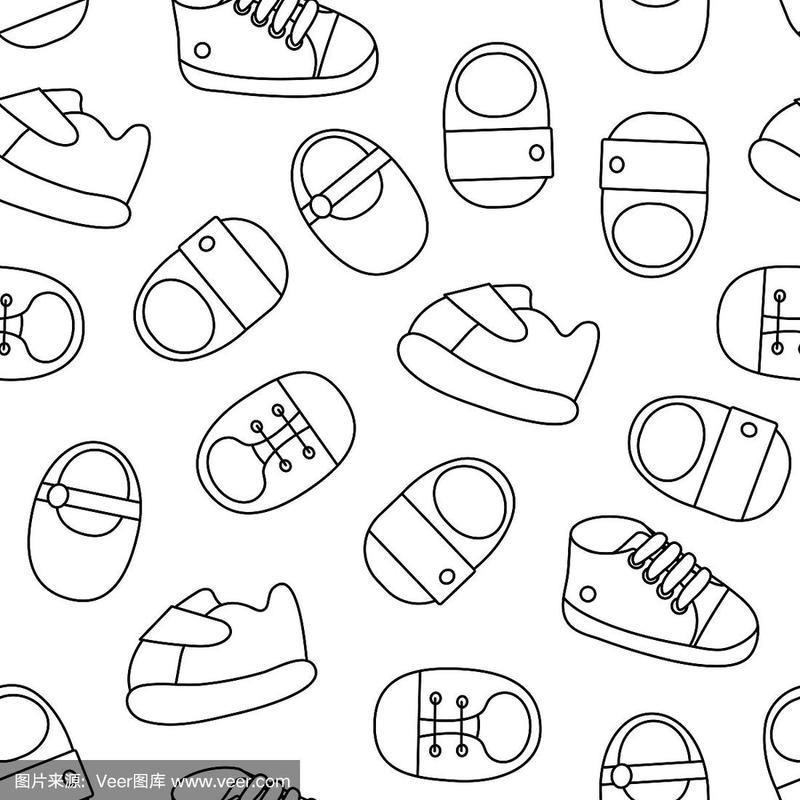 矢量无缝花纹轮廓婴儿鞋孩子们的鞋子seamle