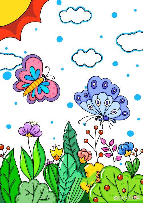 花丛中的小蝴蝶儿童创意画蝴蝶儿童画
