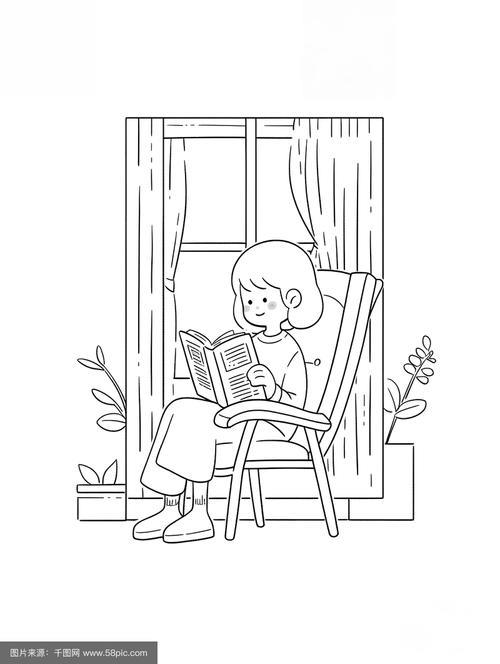 黑白简约风线描看书的人扁平插画设计千图网