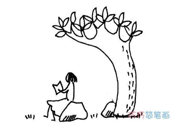 靠在树下看书的小女孩简笔画两个小朋友背靠背看书简笔画坐在树下的小