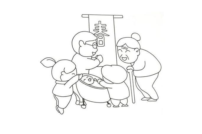 春节拜年的简笔画矢量卡通金童玉女男孩女孩拜年贺新年手抄报