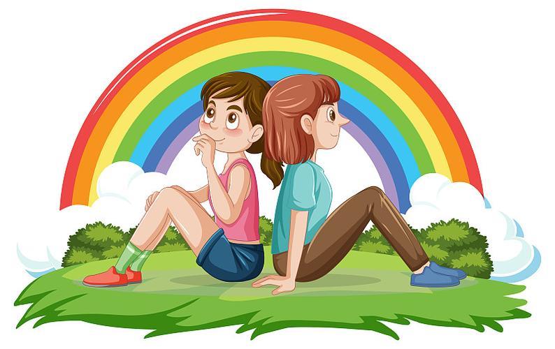 两个女孩和彩虹背靠背坐着插画下载