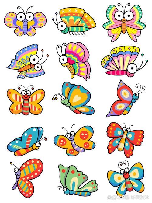 这组可爱卡通手绘蝴蝶简笔画动物免扣素材均可用于儿童插画教程幼儿
