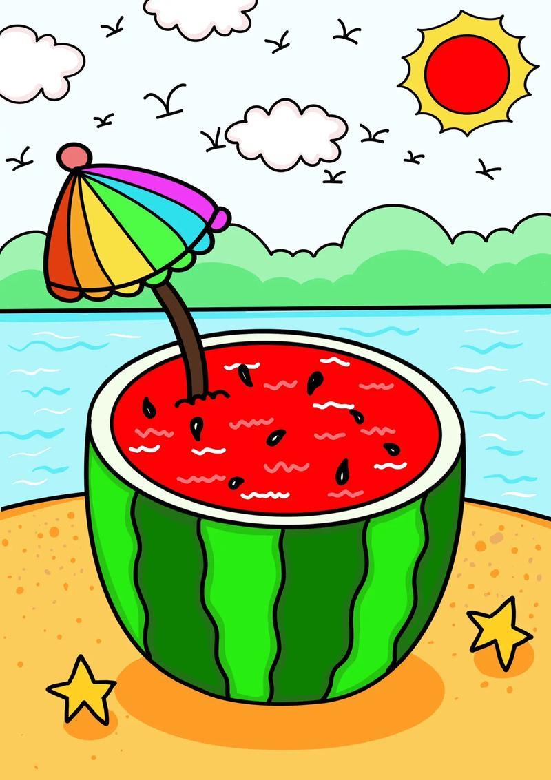 教你画西瓜创意画小学生西瓜沙滩简笔画超简单的创意美术一起学