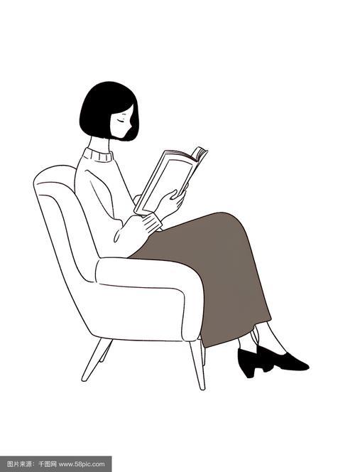 黑白简约风线描看书的人扁平插画设计千图网