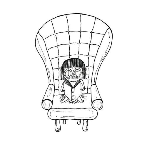 小女孩坐在沙发上看书黑白手绘矢量插图