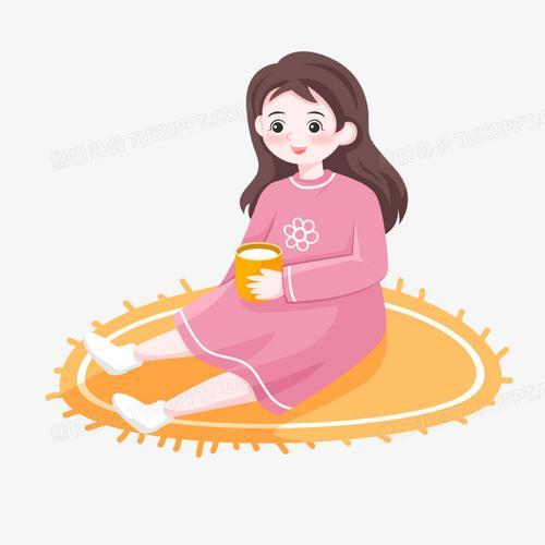 手绘卡通坐在地上喝水的女孩子免抠素材