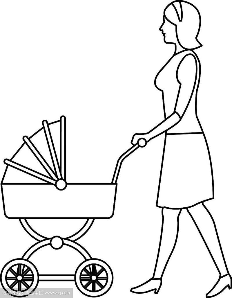 妈妈推着粉色婴儿车的轮廓
