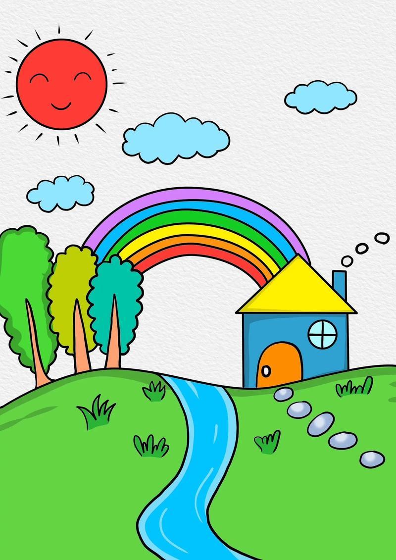 创作灵感风景儿童画彩虹简笔画我的家乡儿童画少儿绘画美丽