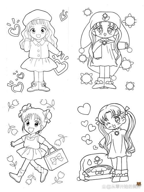 小女孩黑白涂色简笔画