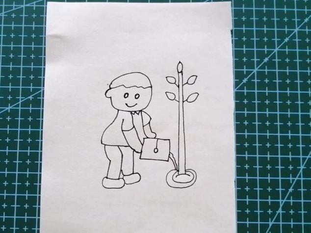 小男孩给植物浇水简笔画