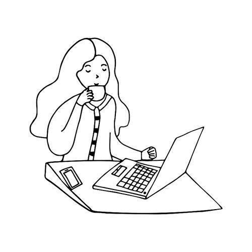 女孩用笔记本电脑工作喝咖啡图片下载