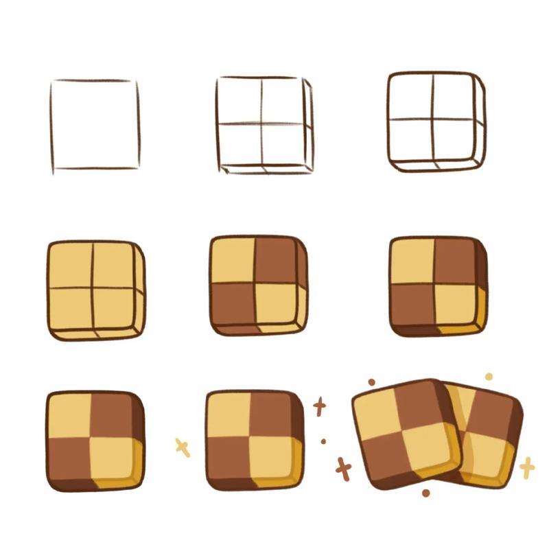 简笔画教程曲奇饼干先画一个方形画出厚度和十字花抖音