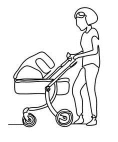 一行妇女与一个学步车婴儿在手画画线条艺术妈妈带着孩子散步